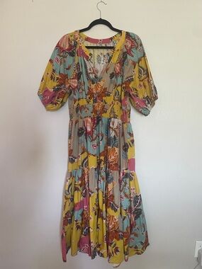 Boho Patchwork Floral Maxi Dress in Yellow, Teal & Pink